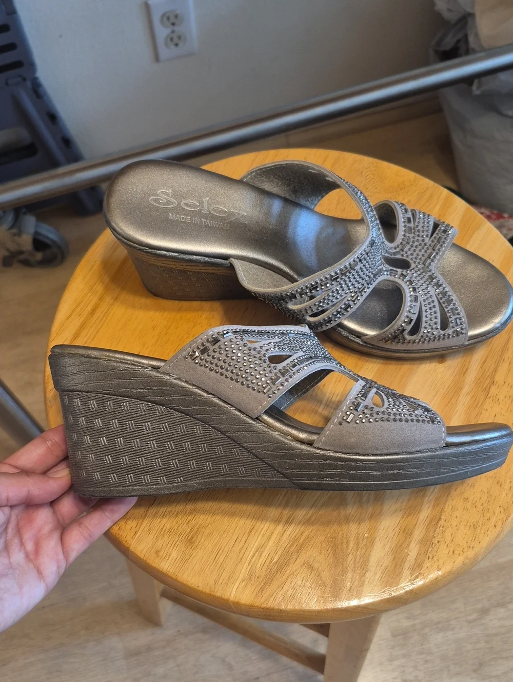 Selex Gray Beddazzled Wedge Heels